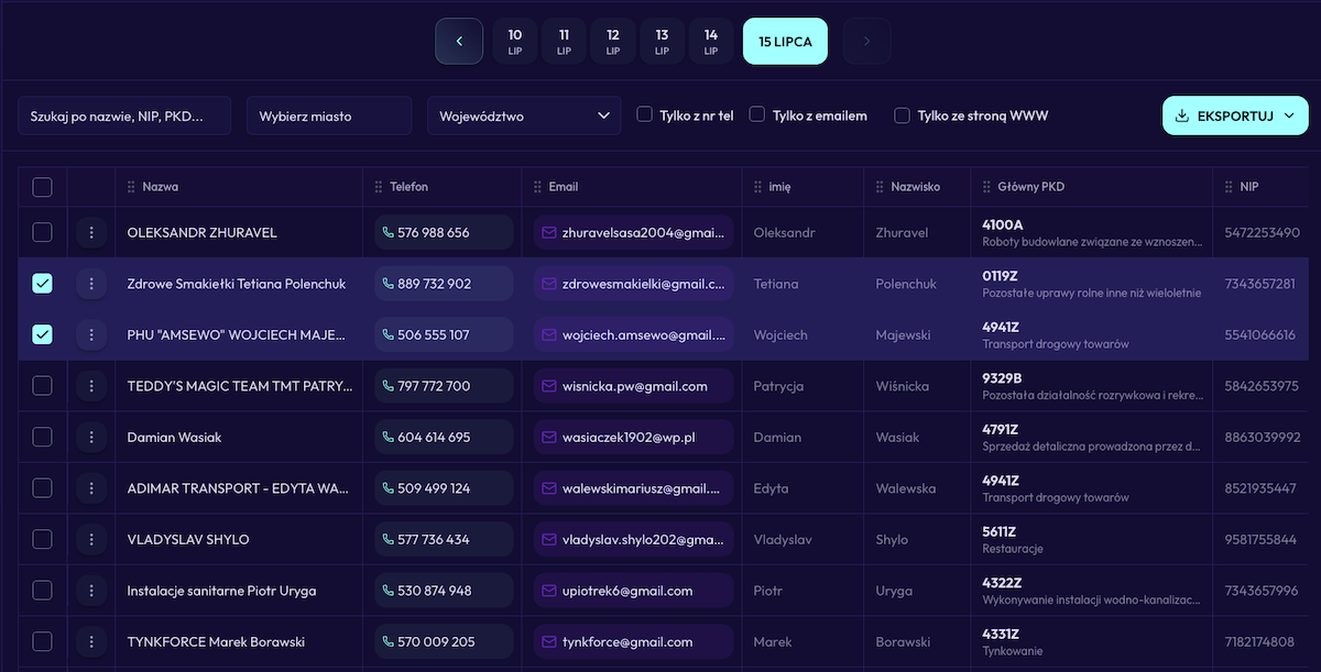 Zrzut ekranu aplikacji Fabryka leadów - nowe firmy